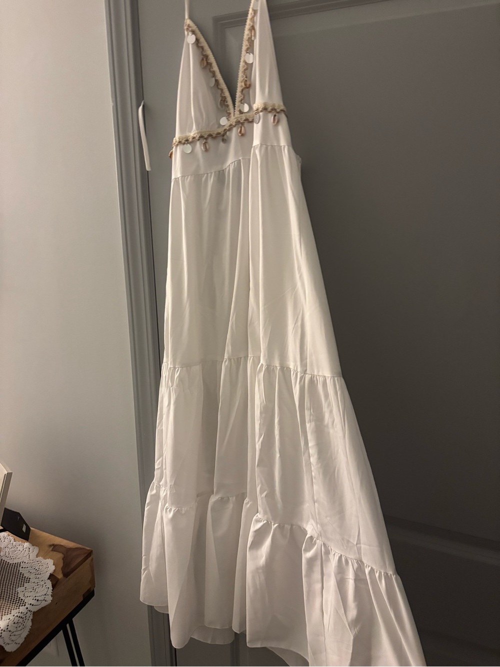 White Embellished V-Neck Backless Dress